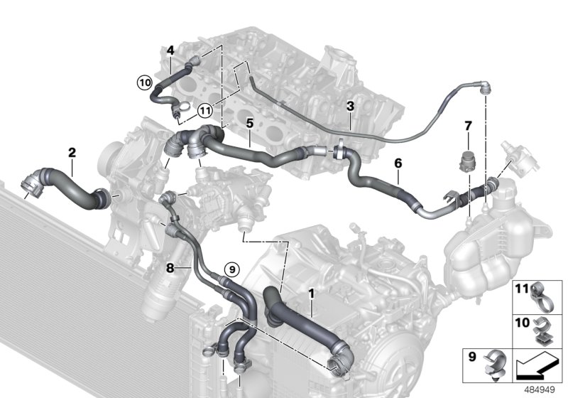 Шланги системы охлаждения для BMW F57 Cooper S B46C (схема запчастей)