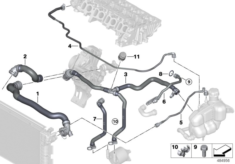 Шланги системы охлаждения для BMW F57 Cooper SD B47D (схема запчастей)