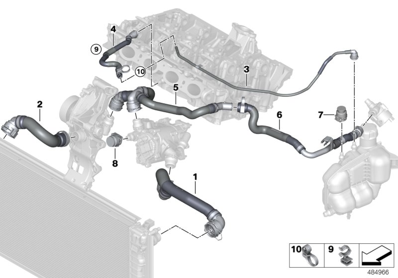 Шланги системы охлаждения для BMW F54 Cooper S B48C (схема запчастей)