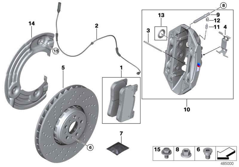 Тормозной механизм переднего колеса для BMW F90 M5 S63M (схема запчастей)
