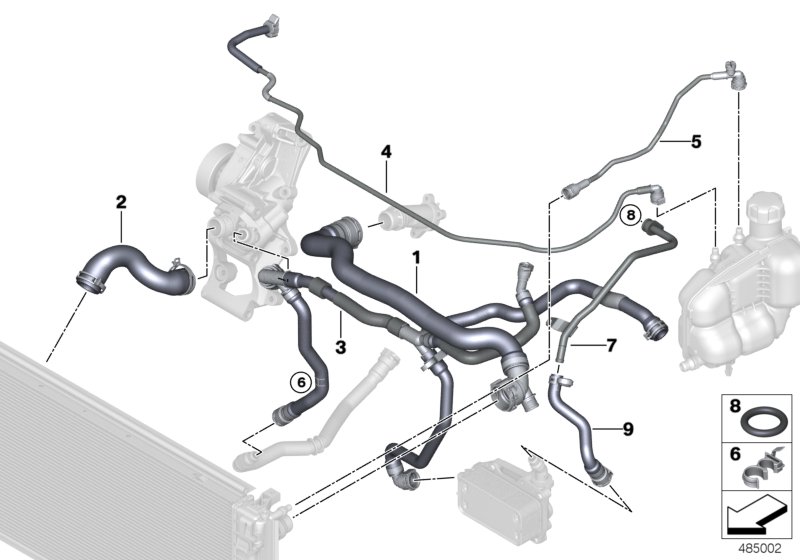Шланги системы охлаждения для BMW F48 X1 25dX B47 (схема запчастей)