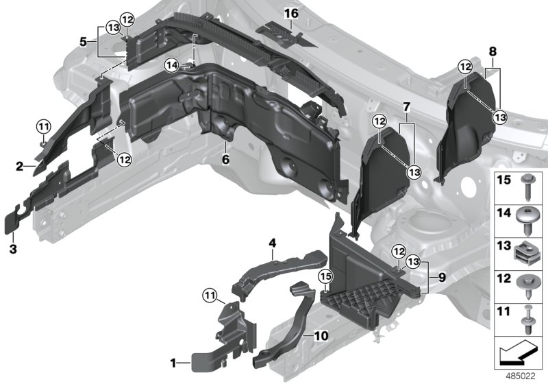 Дополнительные элементы моторного отсека для BMW F55 Cooper SD B47 (схема запчастей)
