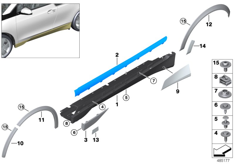 Накладка порог / арка колеса для BMW I01 i3 60Ah IB1 (схема запчастей)