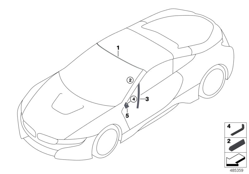 Остекление, дополнительные элементы для BMW I15 i8 B38X (схема запчастей)