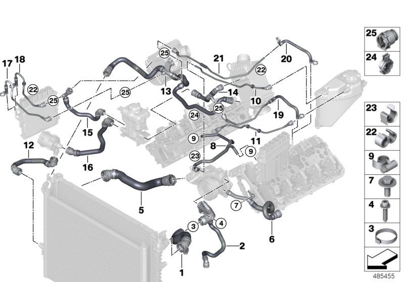 Шланги системы охлаждения для BMW G11 750iX N63R (схема запчастей)