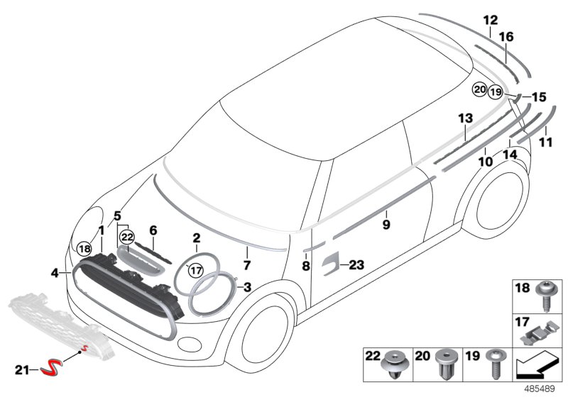 Наружные накладки/дек.решетки I для MINI F55 Cooper S B46 (схема запчастей)