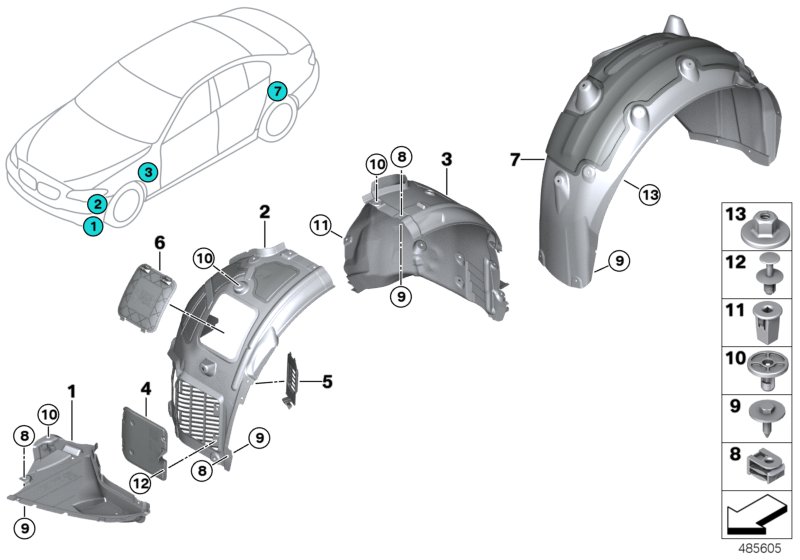 Защитный кожух колесной ниши для BMW G30 520i B46 (схема запчастей)