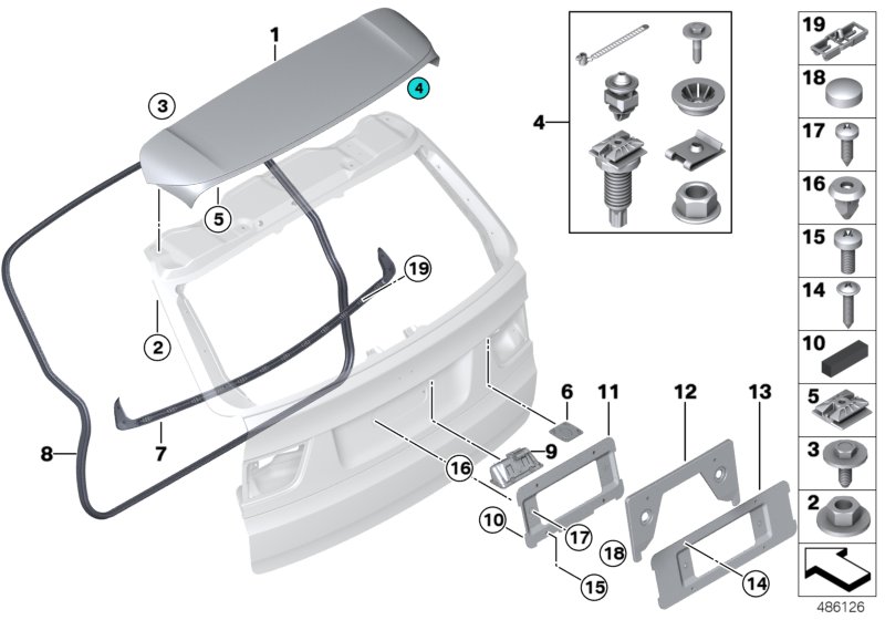 Дополнительные элементы багажной двери для BMW E70N X5 50iX N63 (схема запчастей)