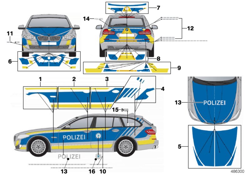 Наклейки полиция Баварии синий для BMW F11N 520dX N47N (схема запчастей)