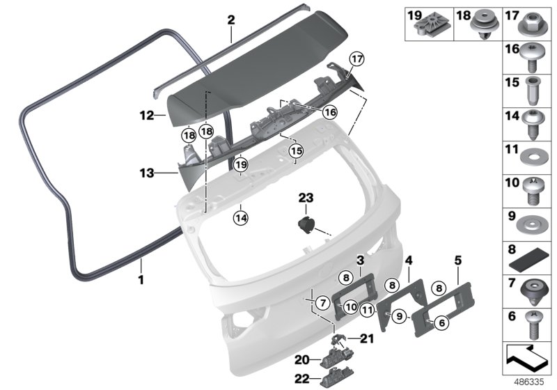 Багажная дверь, дополнительные элементы для BMW G01 X3 30iX (TR92) B48 (схема запчастей)