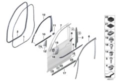 Накладки и уплотнения двери Пд для BMW G01 X3 20i B48 (схема запасных частей)