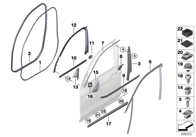 Накладки и уплотнения двери Пд для BMW G01 X3 20iX B48C (схема запчастей)