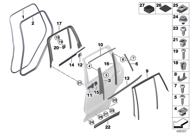 Накладки и уплотнения двери Зд для BMW G01 X3 30iX (TR95) B48 (схема запчастей)