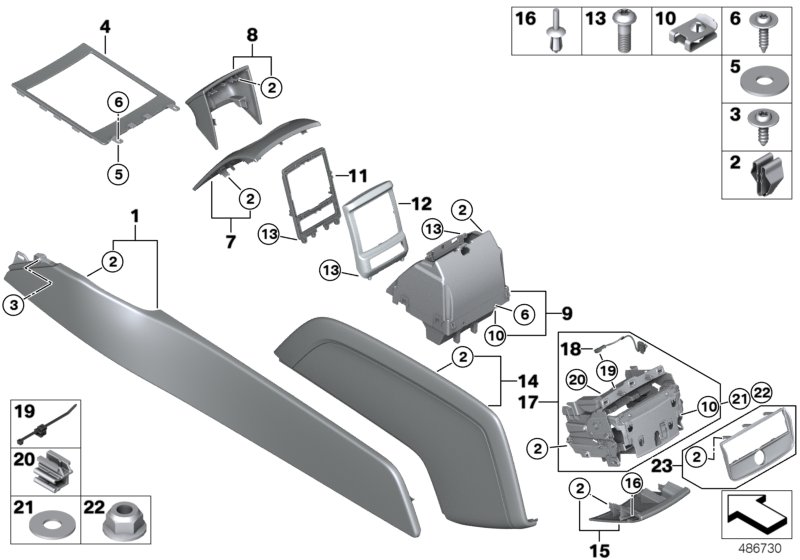 Доп.элементы центральной консоли для BMW RR11 Phantom N74L (схема запчастей)