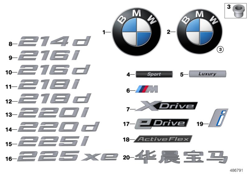 Эмблемы / надписи для BMW F46N 216i B38B (схема запчастей)