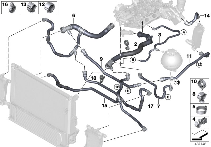 Шланги системы охлаждения для BMW F30N 318i B38 (схема запчастей)