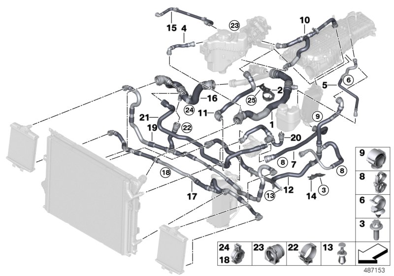 Шланги системы охлаждения для BMW F20N M140i B58 (схема запчастей)