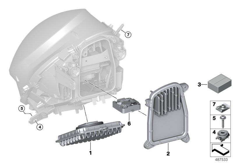Детали светодиодной фары для BMW F57 Cooper S B46 (схема запчастей)