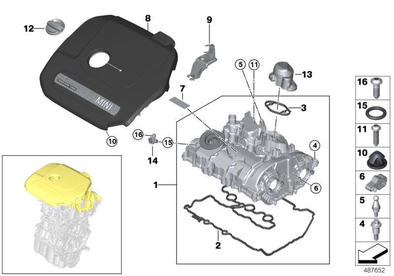 Крышка головки блока цилиндров/доп.эл. для BMW F57 Cooper B38C (схема запчастей)