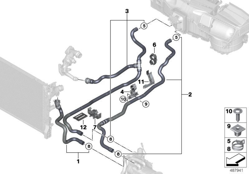 Шланги ОЖ автономной системы отопления для BMW G30 M550dX B57S (схема запчастей)