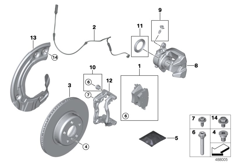 Тормозной механизм переднего колеса для BMW G20 330iX B48D (схема запчастей)