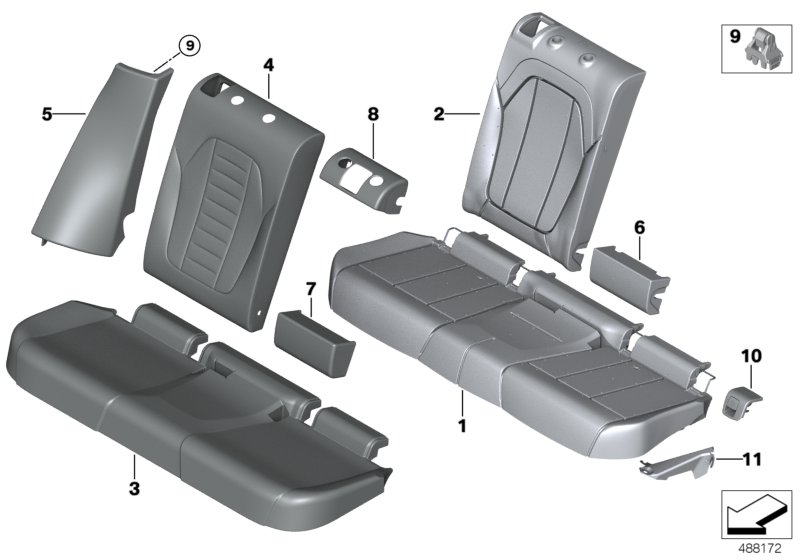 Набивка и обивка базового сиденья Зд для BMW G01 X3 M40dX (TX96) B57 (схема запчастей)