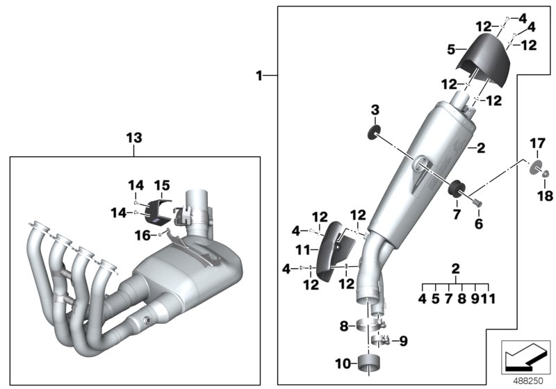 Детали титановой системы выпуска ОГ HP для BMW K46 S 1000 RR 17 (0D50, 0D60) 0 (схема запчастей)