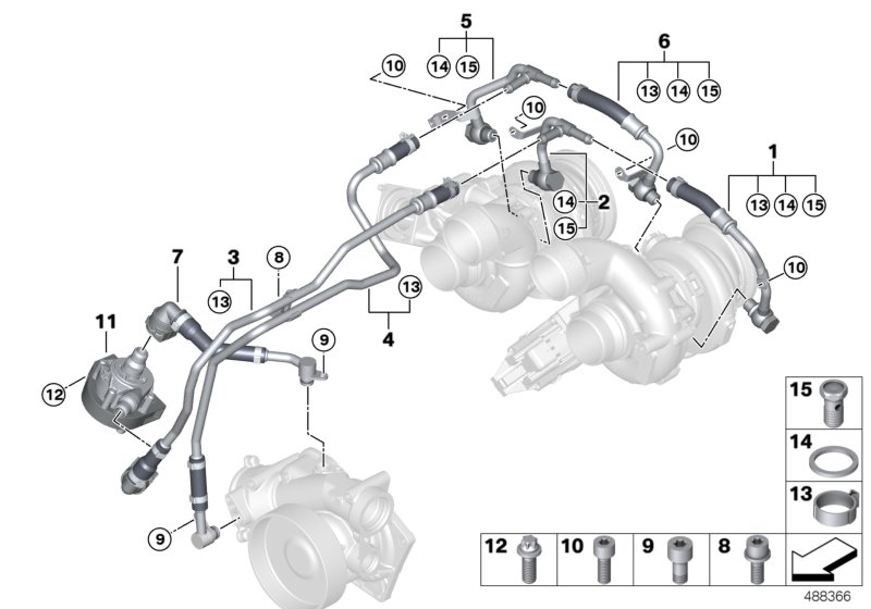 Система охлаждения-турбонагнетатель для BMW F92 M8 S63M (схема запчастей)