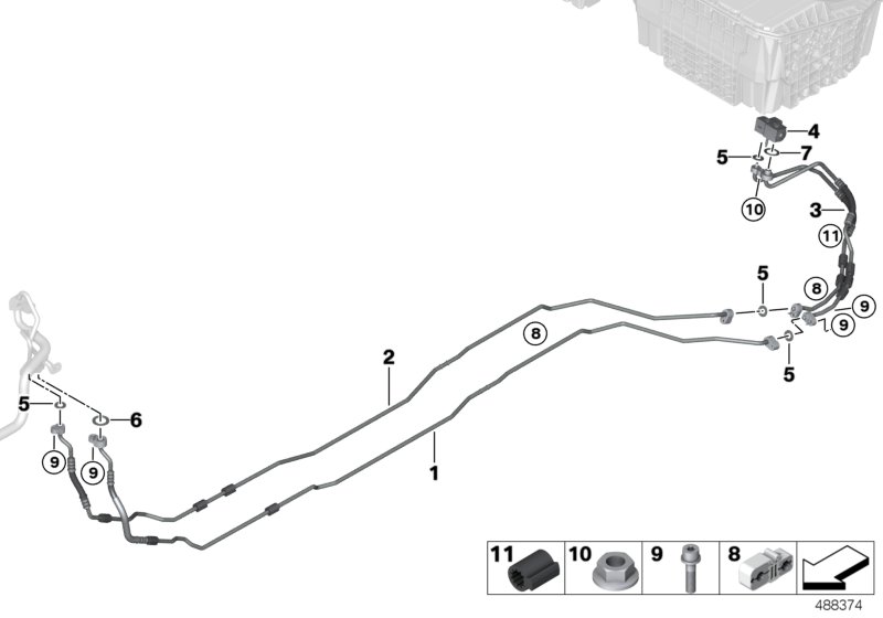 Трубопроводы хладагента под днищем для BMW G30 530e B48X (схема запчастей)