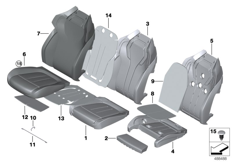 Набивка и обивка передн.сиденья для BMW F90 M5 S63M (схема запчастей)