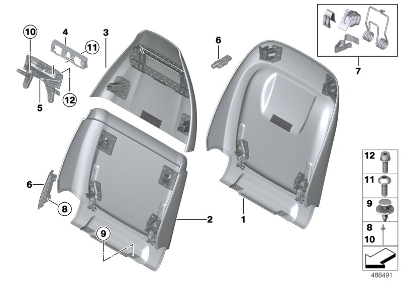 Накладки спинки переднего сиденья для BMW F90 M5 S63M (схема запчастей)