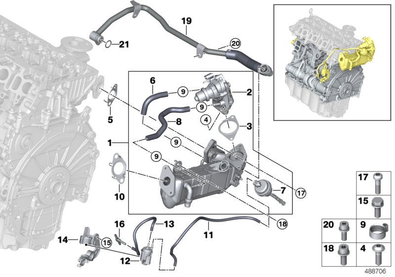 Система нейтрализации ОГ, охлаждение для BMW F46N 218dX B47B (схема запчастей)