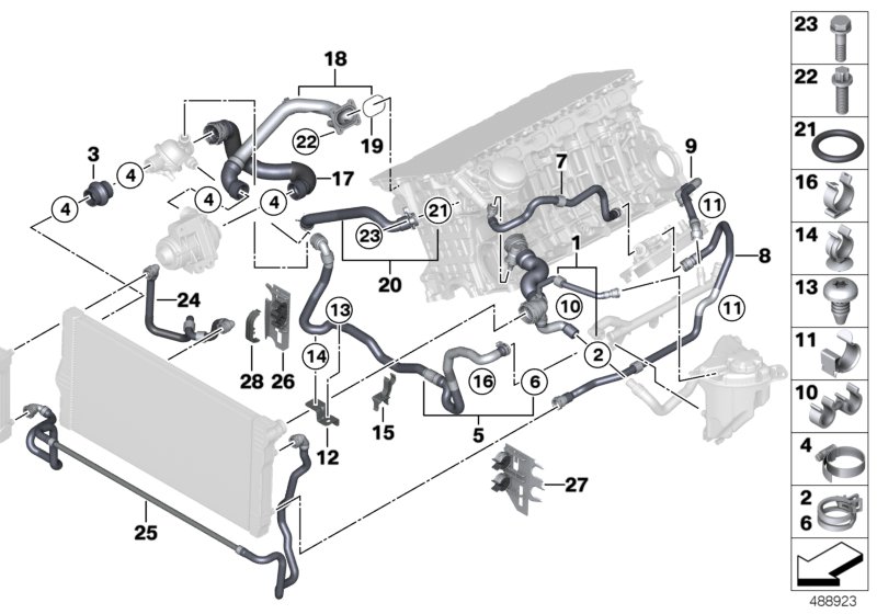 Шланги системы охлаждения для BMW F02 740Li N54 (схема запчастей)
