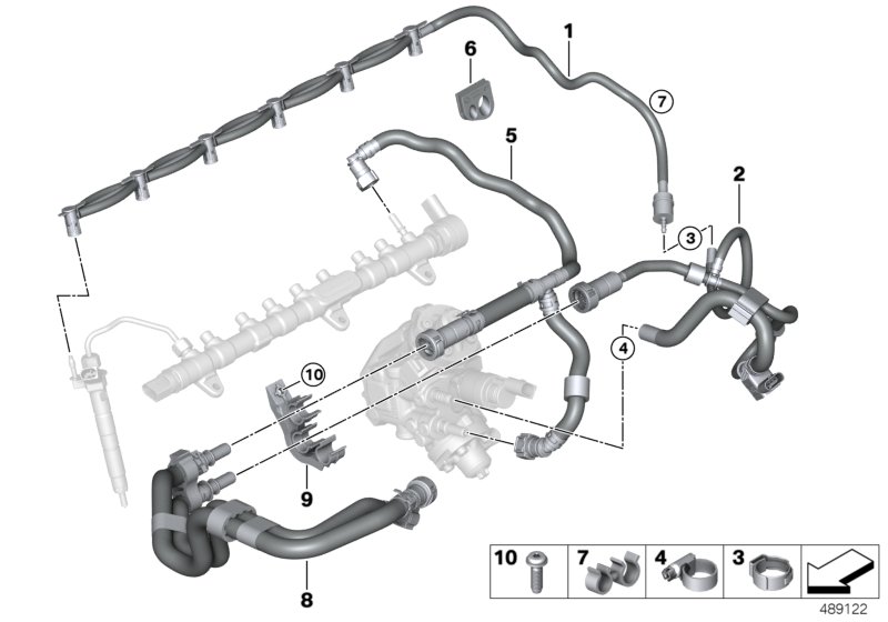 Топливопроводы/элементы крепления для BMW G15 840dX B57 (схема запчастей)