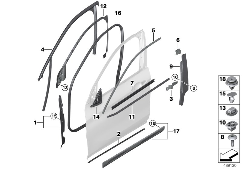 Накладки и уплотнения двери Пд для BMW F39 X2 18d B47 (схема запчастей)