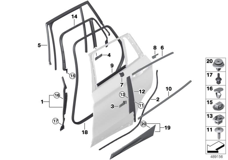 Накладки и уплотнения двери Зд для BMW F39 X2 20iX B48C (схема запчастей)