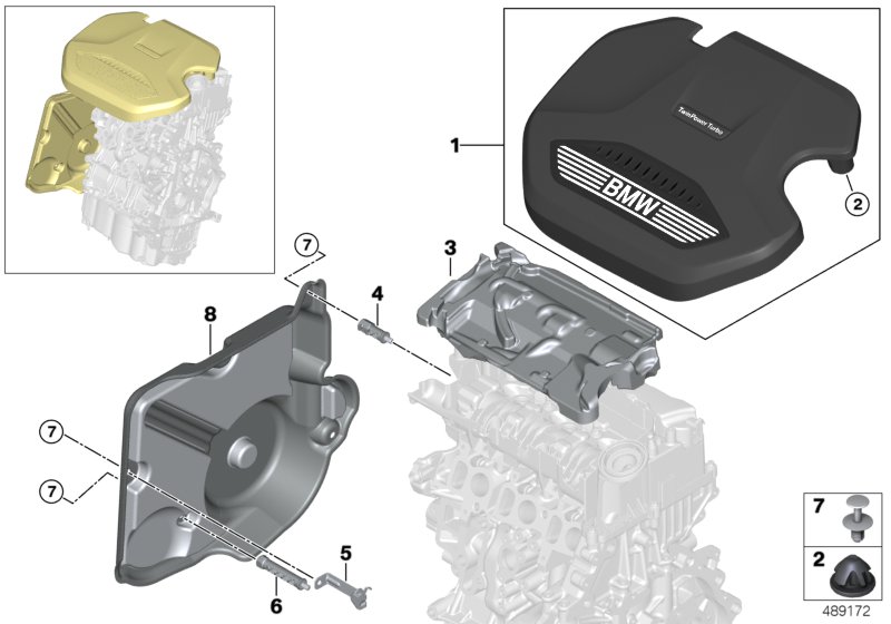 Звукоизоляционный кожух двигателя для BMW F40 116d B37B (схема запчастей)