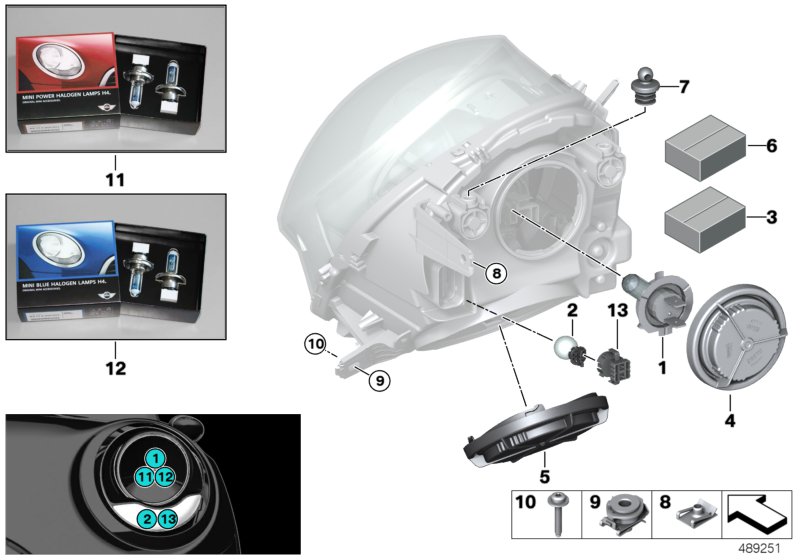 Детали галогенной фары для BMW F55 Cooper SD B47D (схема запчастей)