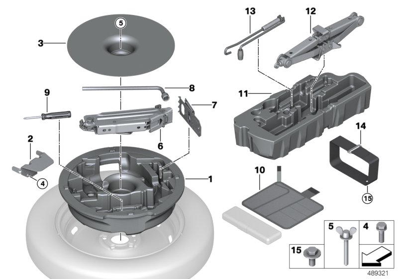 Домкрат/крепление запасного колеса для MINI F54 JCW ALL4 B48 (схема запчастей)