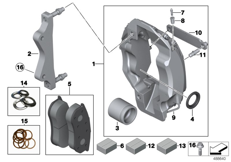 Тормозной механизм переднего колеса ПФТ для BMW MOSP M235i Racing N55 (схема запчастей)