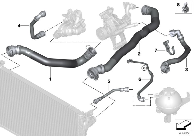 Шланги системы охлаждения для BMW G30 518d B47B (схема запчастей)