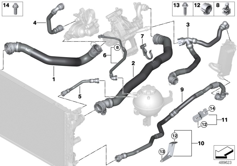 Шланги системы охлаждения для BMW G30 520dX B47D (схема запчастей)
