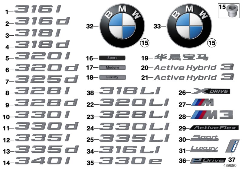 Эмблемы / надписи для BMW F31N 330i B48 (схема запчастей)