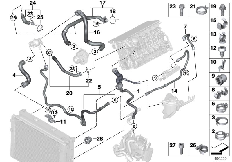 Шланги системы охлаждения для BMW F01N Hybrid 7 N55 (схема запчастей)