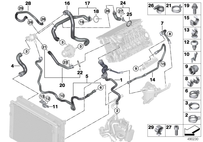 Шланги системы охлаждения для BMW F06 640i N55 (схема запчастей)