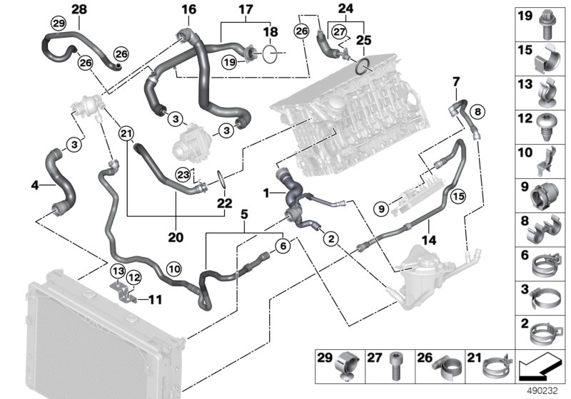 Шланги системы охлаждения для BMW F13 640i N55 (схема запчастей)