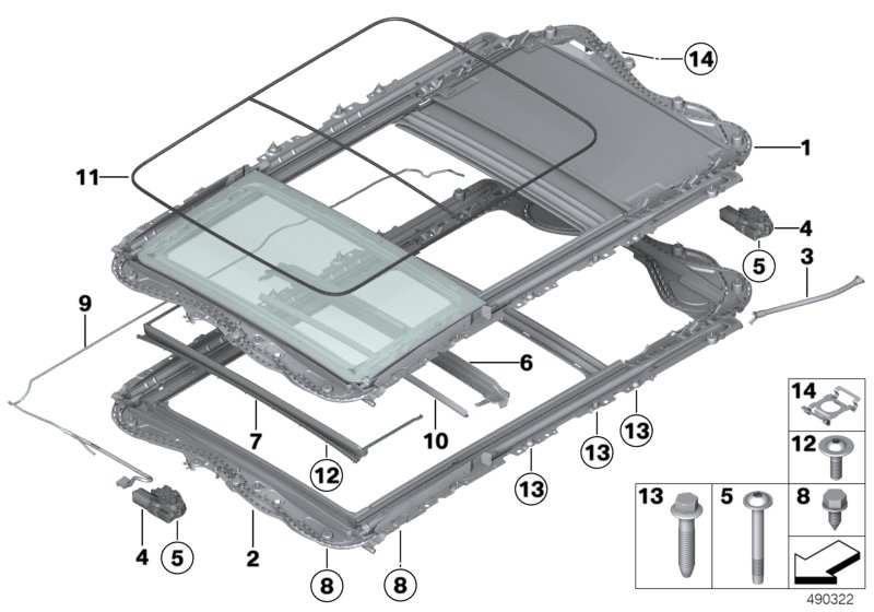 Панорамная крыша с электроприводом для BMW F34 320iX N20 (схема запчастей)
