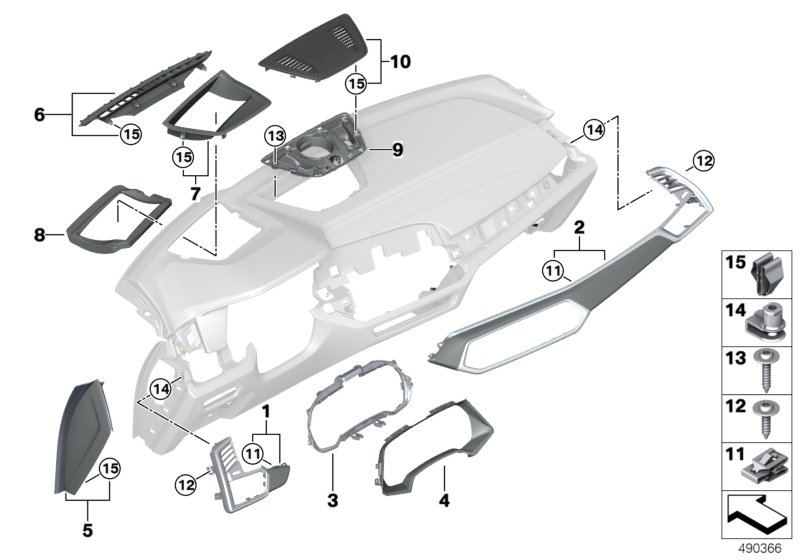 Доп.элементы панели приборов Вх для BMW G05 X5 M50dX B57S (схема запчастей)