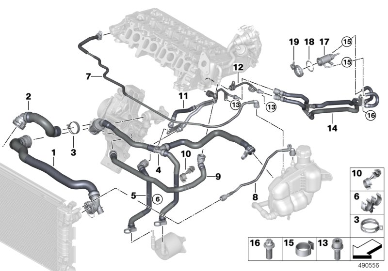 Шланги системы охлаждения для BMW F46N 220dX B47D (схема запчастей)