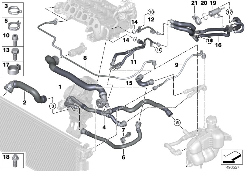 Шланги системы охлаждения для BMW F40 116d B37B (схема запчастей)
